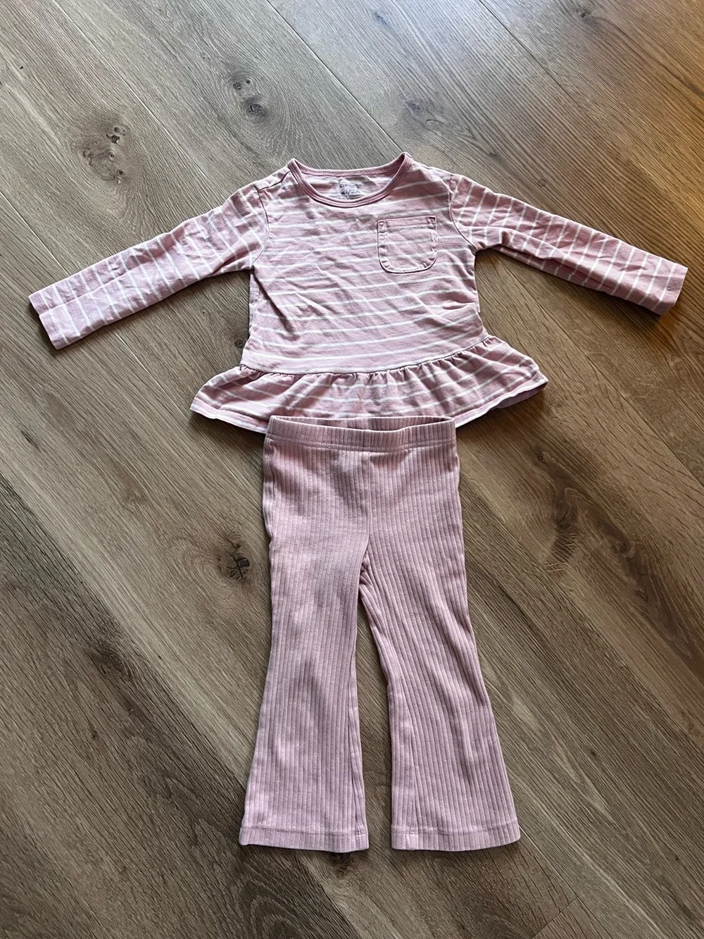 2T Cotton Pink Peplum Top with White Stripes and Pink Ribbed Flare Pants